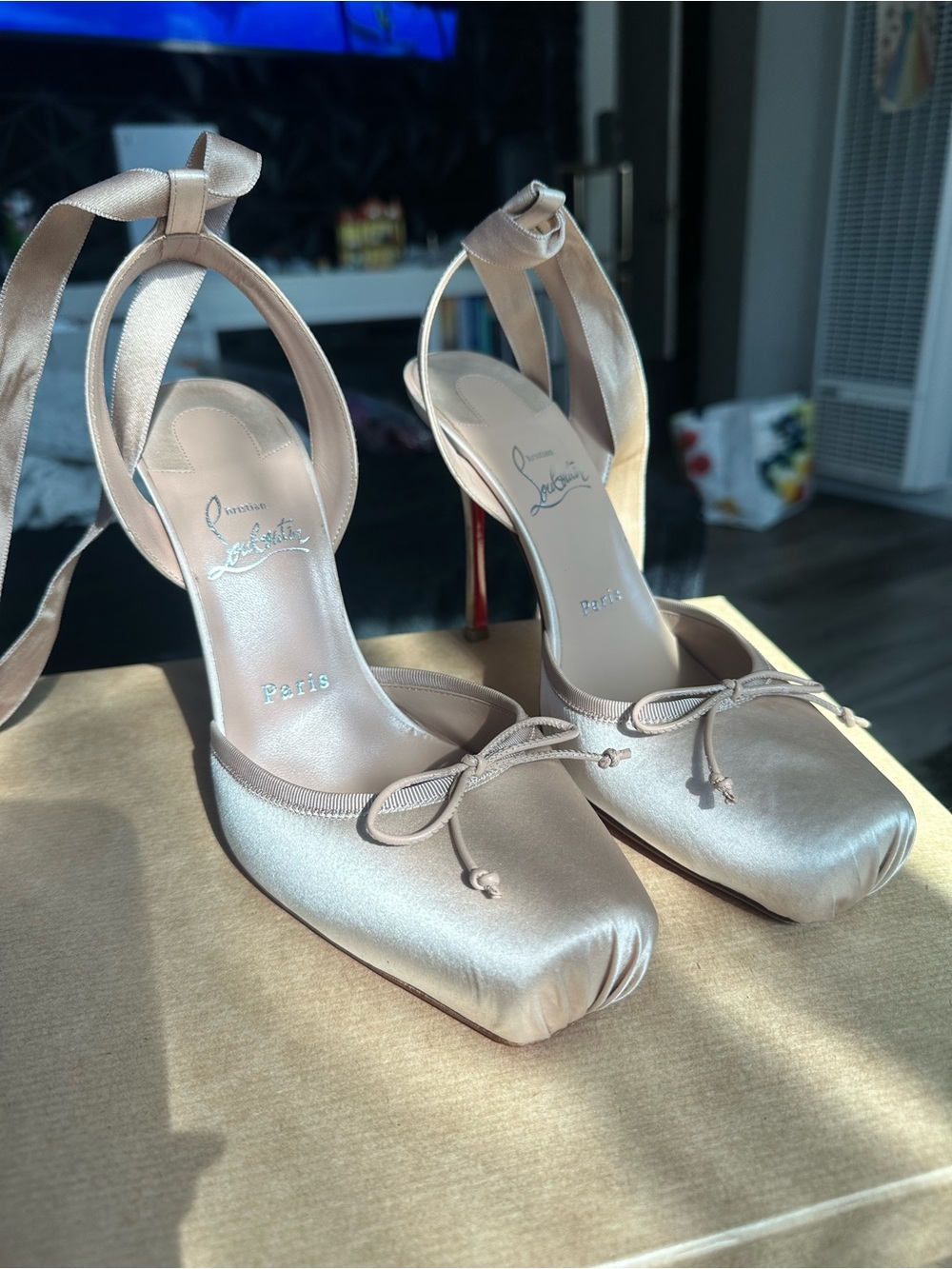 Christian Louboutin Women's Satin Ankle-Tie Pumps in Champagne